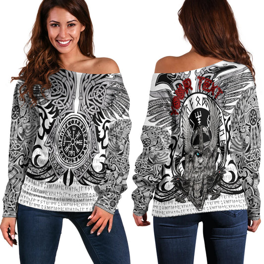 ( Custom Personalised) Viking Vegvisir Odin With Huginn And Muninn Women Off Shoulder Sweater - LT2