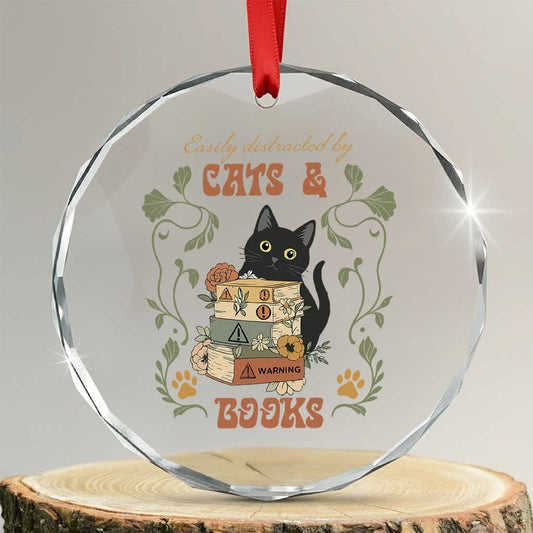 Cute Bookworm Gift Crystal Glass Ornament Easily Distracted By Cats And Books TS12