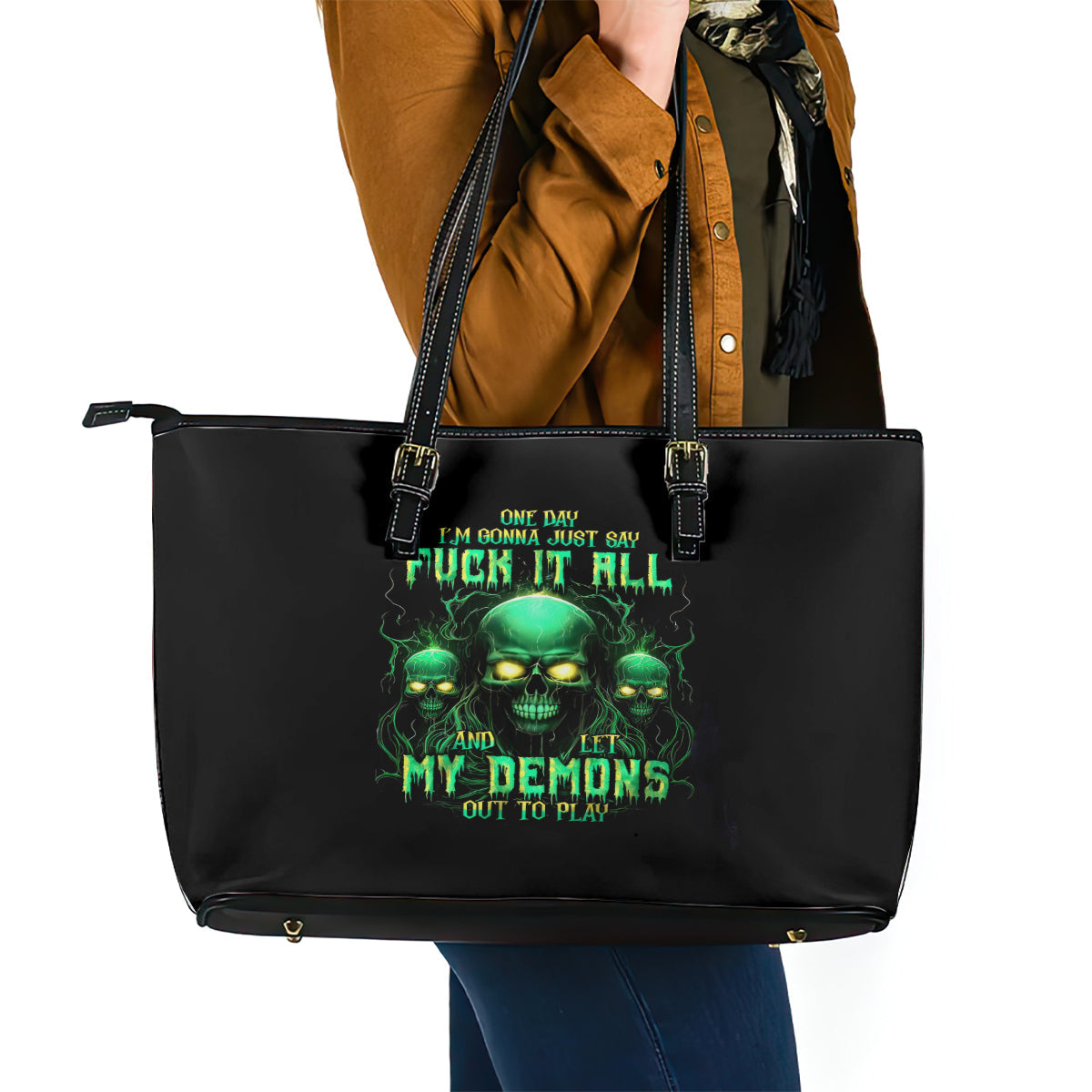 Thnder Skull Leather Tote Bag One Day I Gonna Just Say F It All DT01