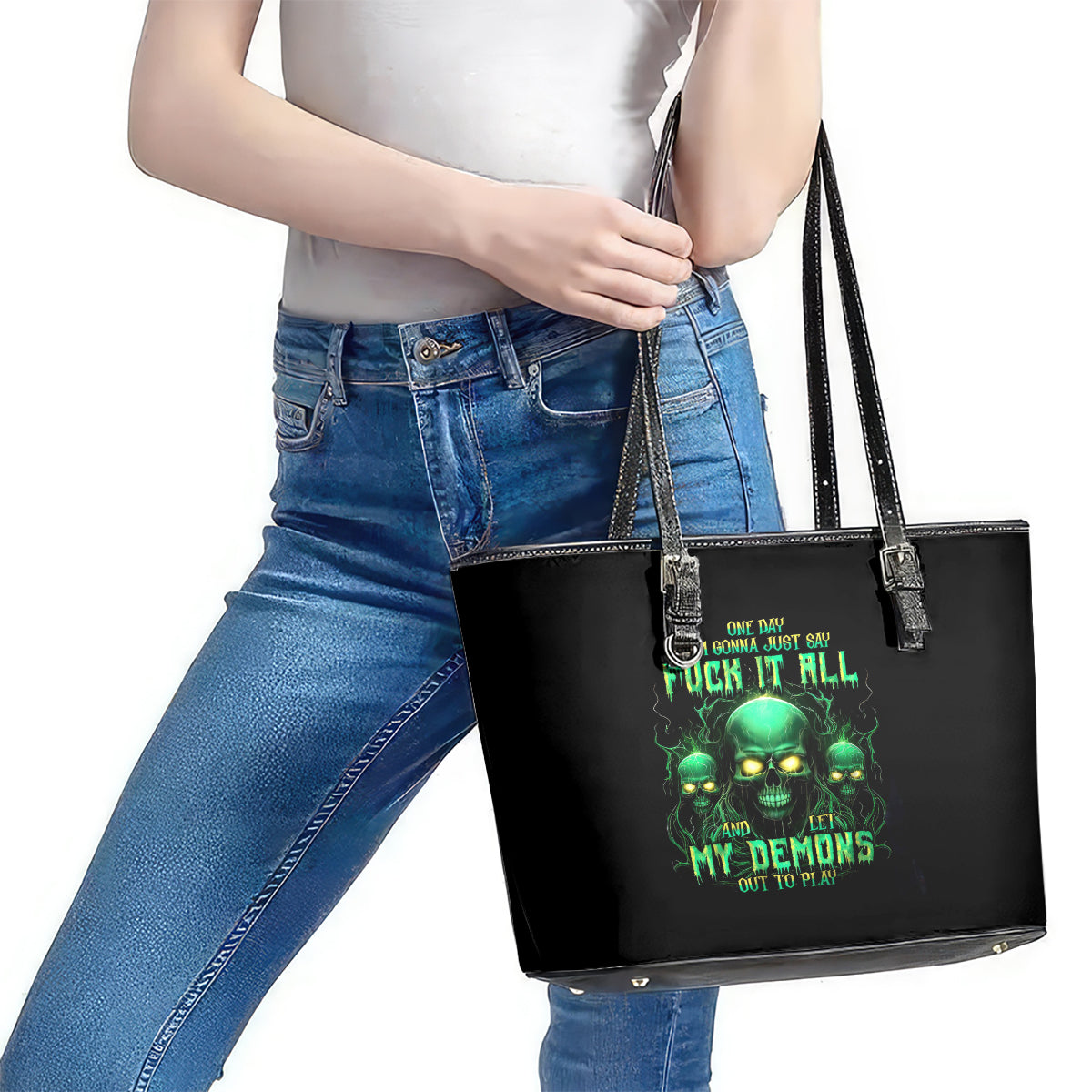 Thnder Skull Leather Tote Bag One Day I Gonna Just Say F It All DT01