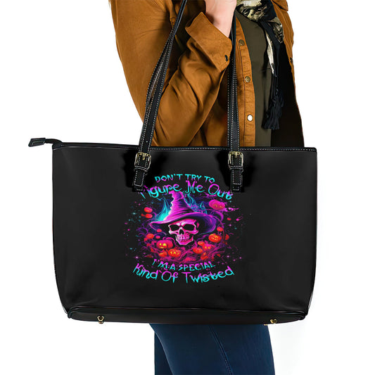 Witch Pumkin Skull Leather Tote Bag Don't Try To Figure Me Out I'm A Special DT01