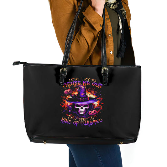 Wizard Skull Halloween Leather Tote Bag Don't Try To Figure Me Out I'm A Special DT01