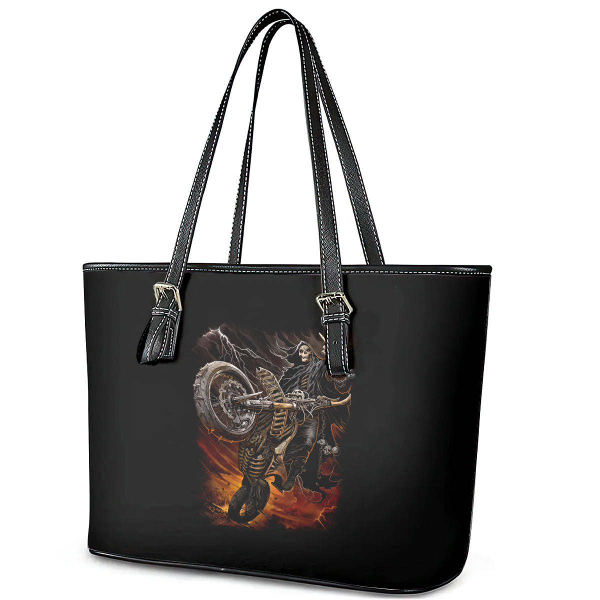 Flaming Skull Leather Tote Bag Death Angel Riding Motocycle DT01