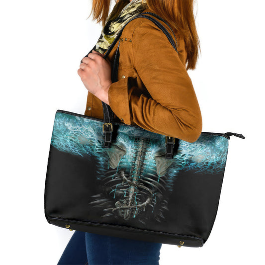 Flame Twin Skull Leather Tote Bag Skeleton Inside DT01