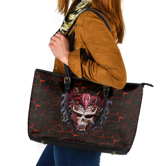 Infernal Draconic Skull Leather Tote Bag Embracing the Fiery Soul DT01