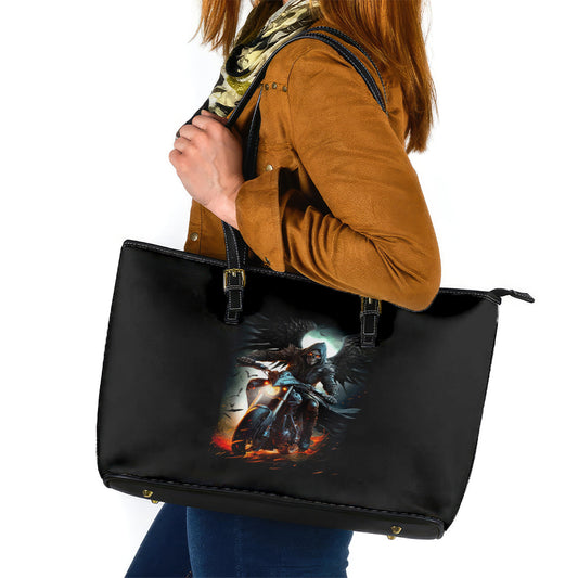 Flaming Skull Leather Tote Bag Celestial Riders with Angel Wings DT01