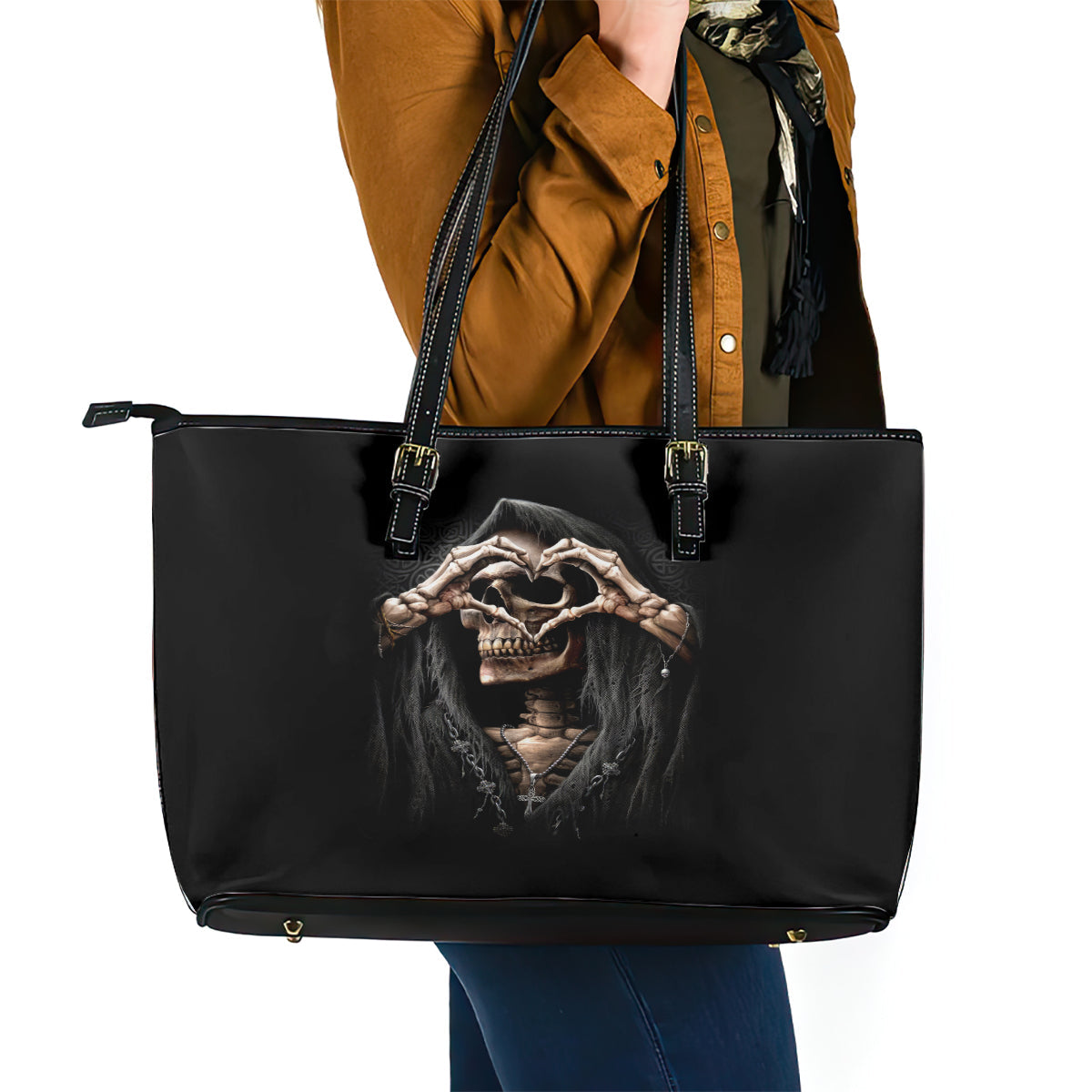 Reaper Heart Leather Tote Bag Eternal Embrace - Uniting Souls in the Realm of Skulls DT01