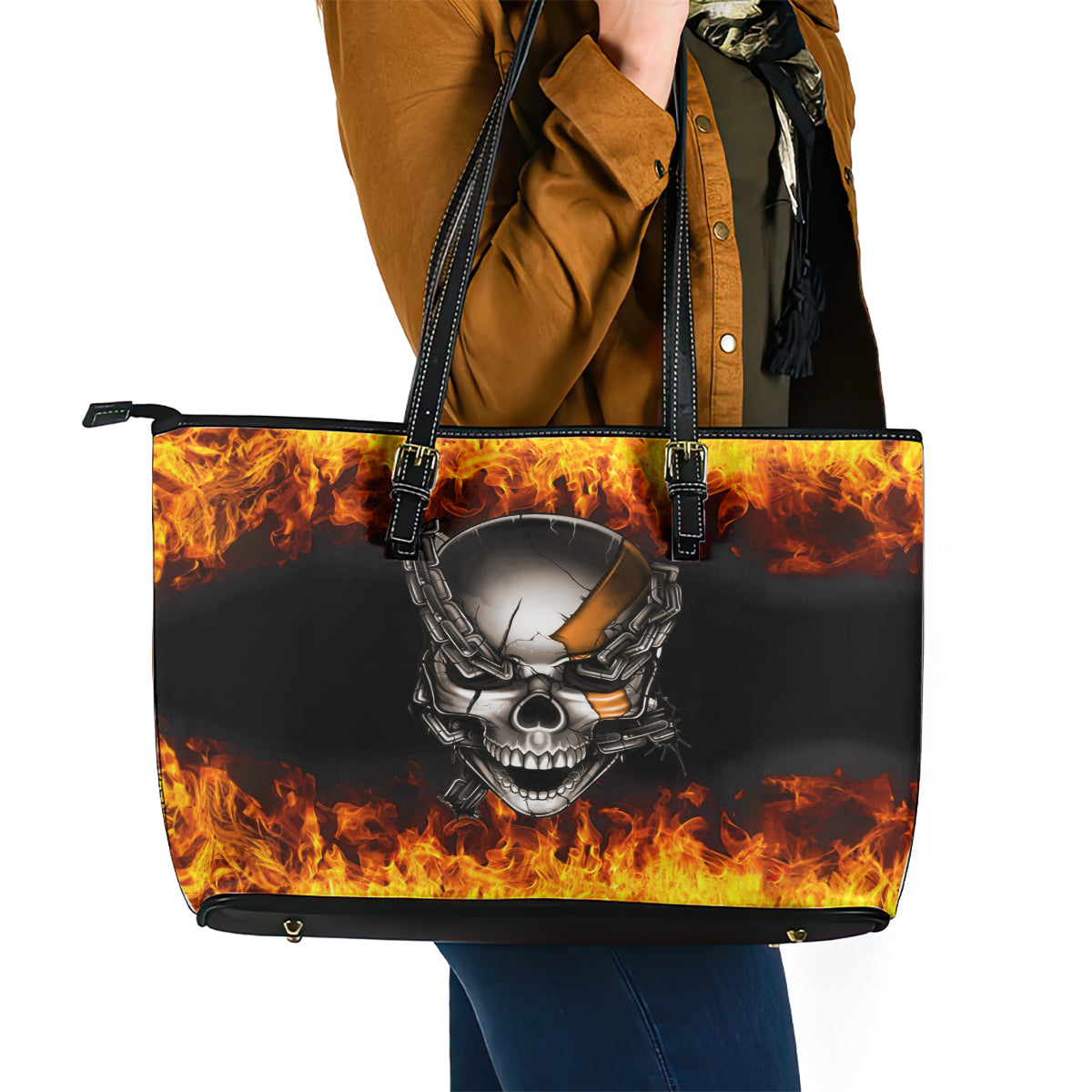 Metal Skull Leather Tote Bag Infernal Chains in Fiery Abyss DT01