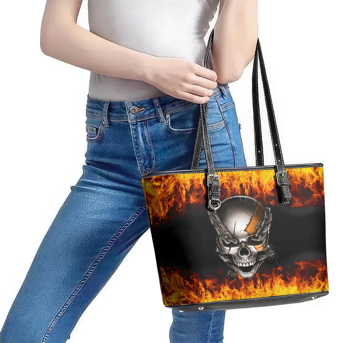 Metal Skull Leather Tote Bag Infernal Chains in Fiery Abyss DT01