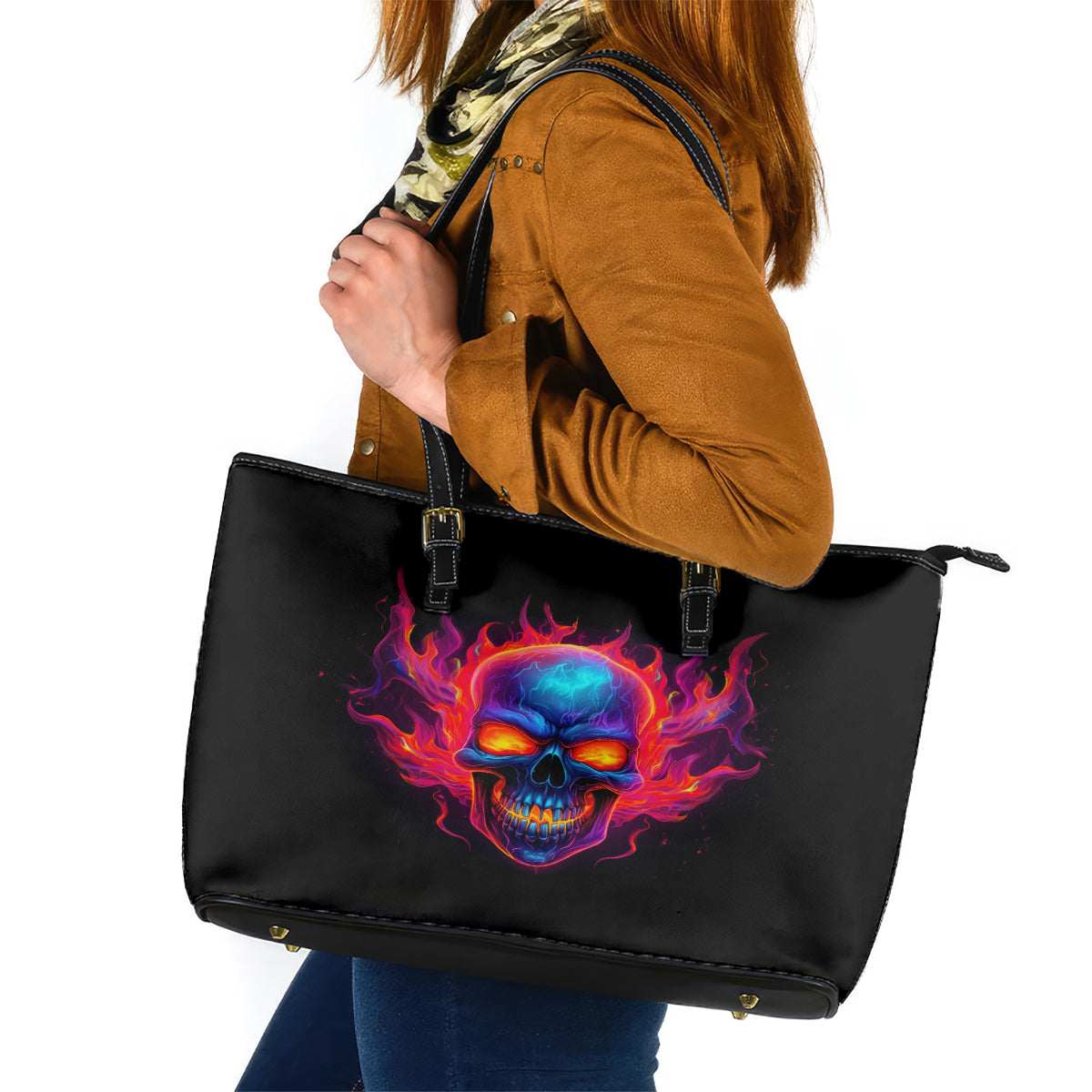 Skull Leather Tote Bag Purple Skull Fire DT01