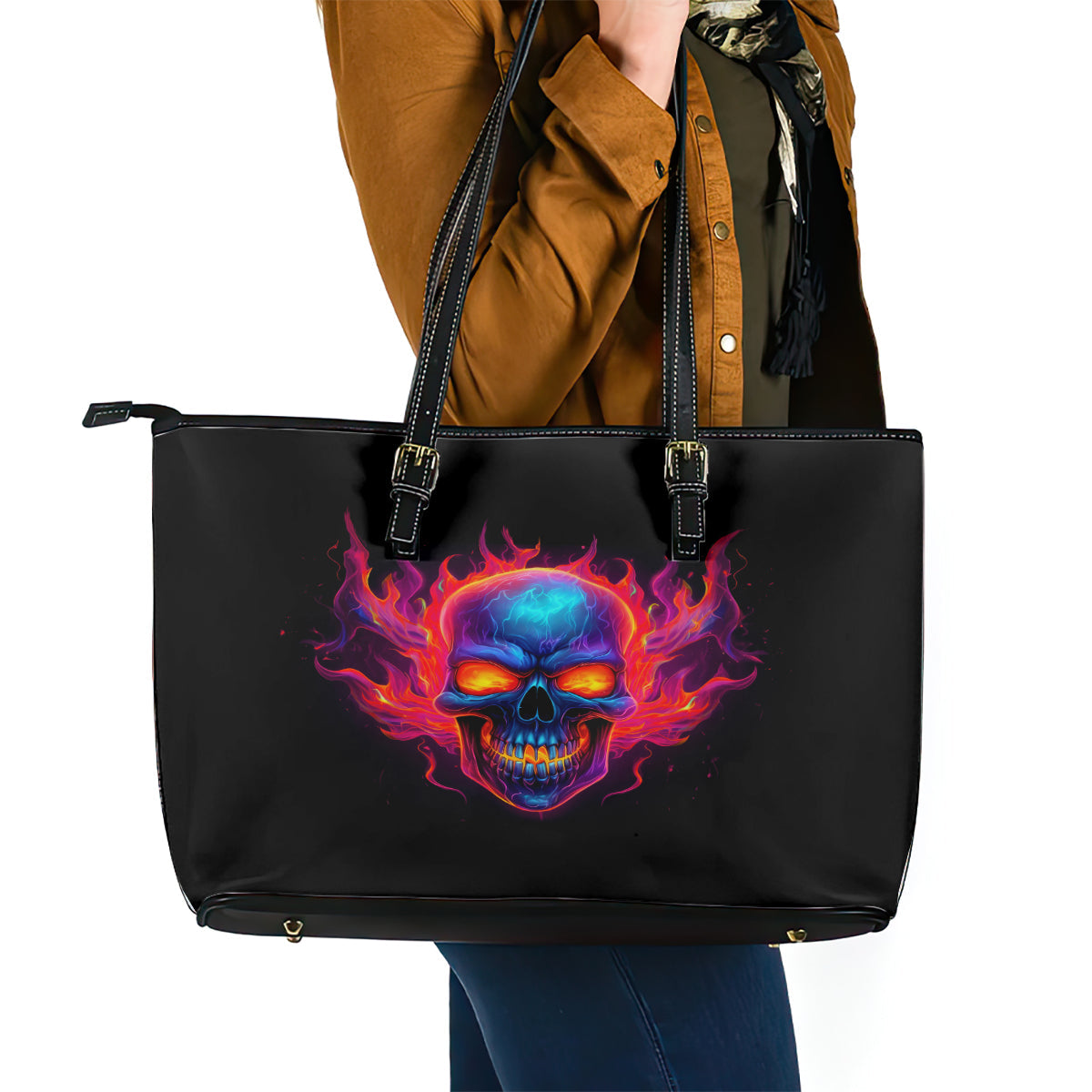 Skull Leather Tote Bag Purple Skull Fire DT01
