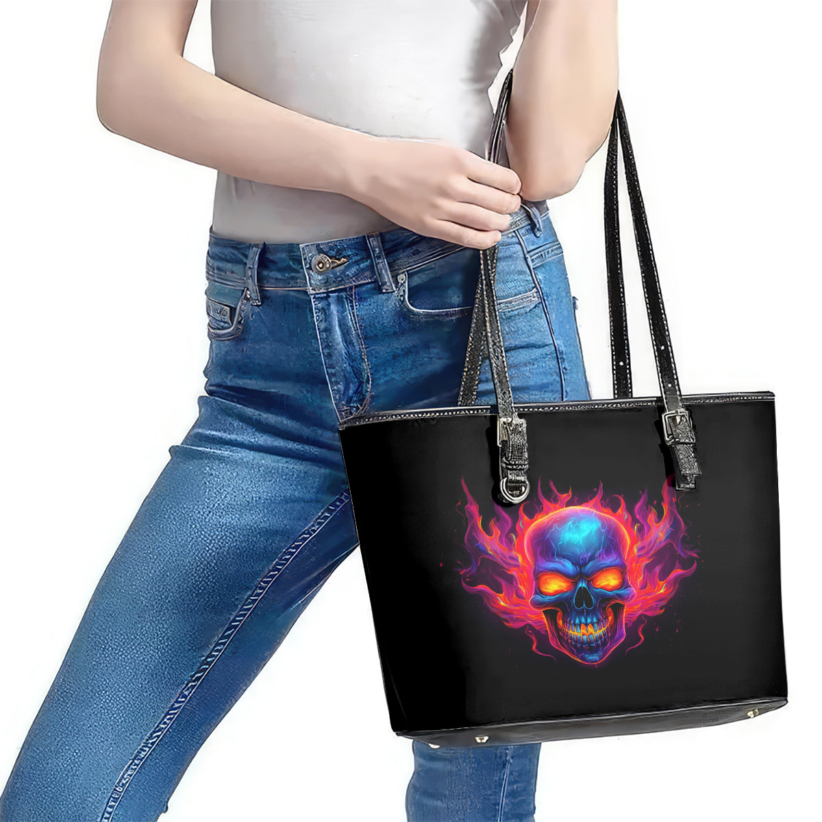 Skull Leather Tote Bag Purple Skull Fire DT01