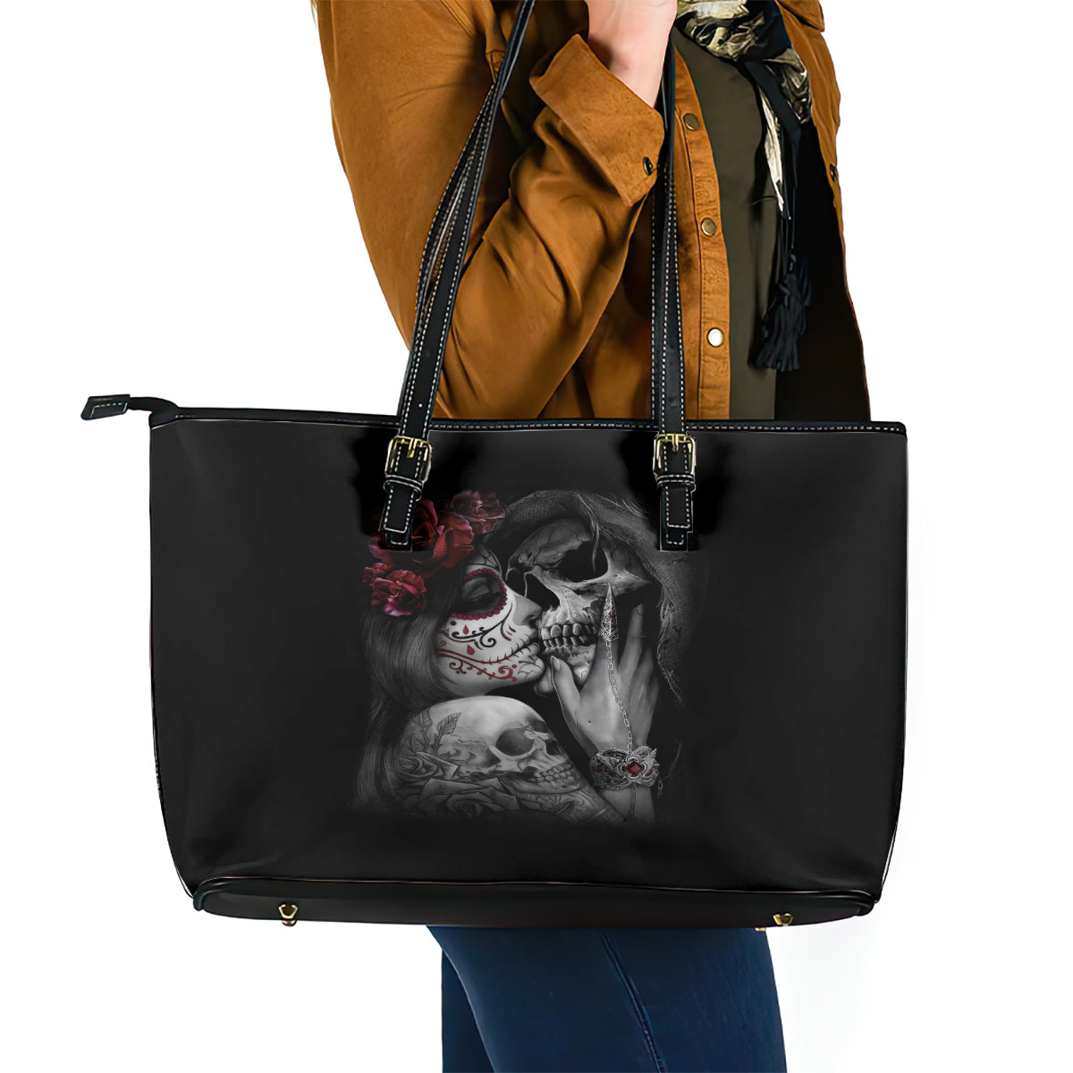 Skull Leather Tote Bag Death Angel And Da de Muertos Girl DT01
