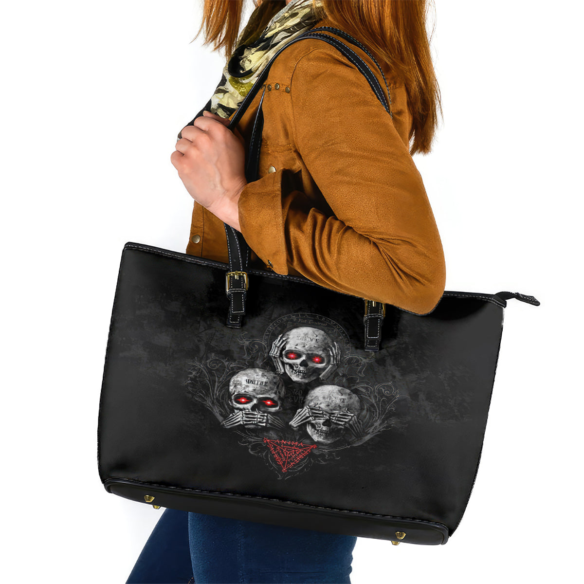 Skull Leather Tote Bag No See No Hear No Speak Evil DT01
