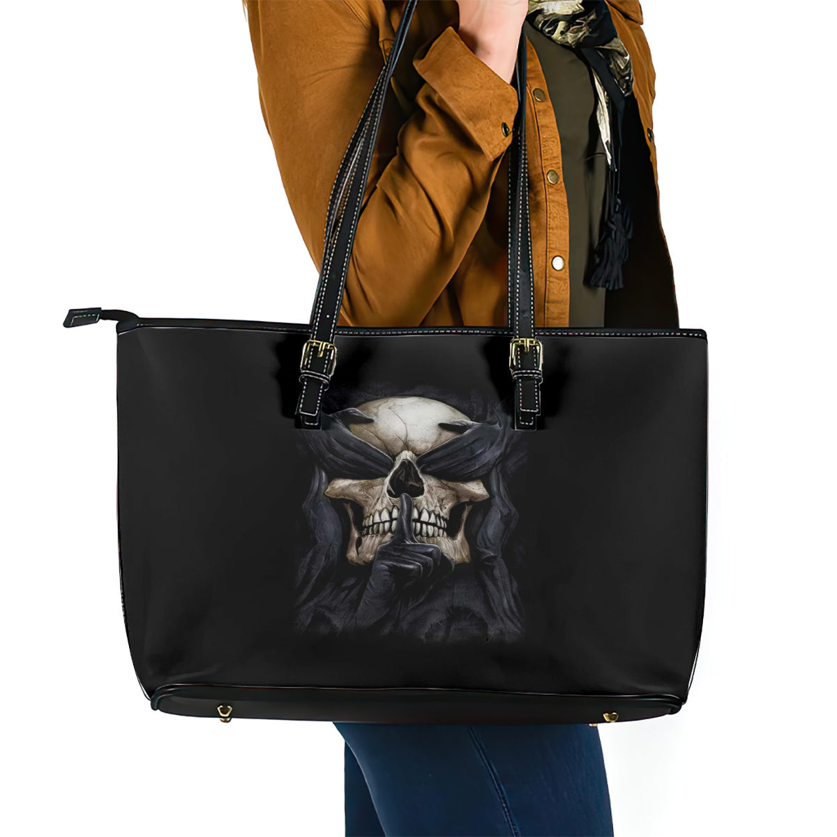 Skull Leather Tote Bag No See Evil Red Rose Jean DT01