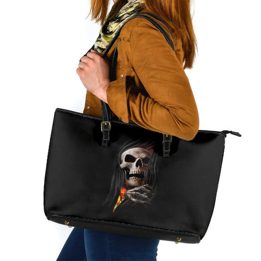 Skull Leather Tote Bag Skeleton Ripped Inside Flame DT01