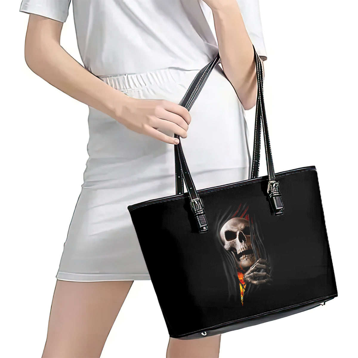 Skull Leather Tote Bag Skeleton Ripped Inside Flame DT01