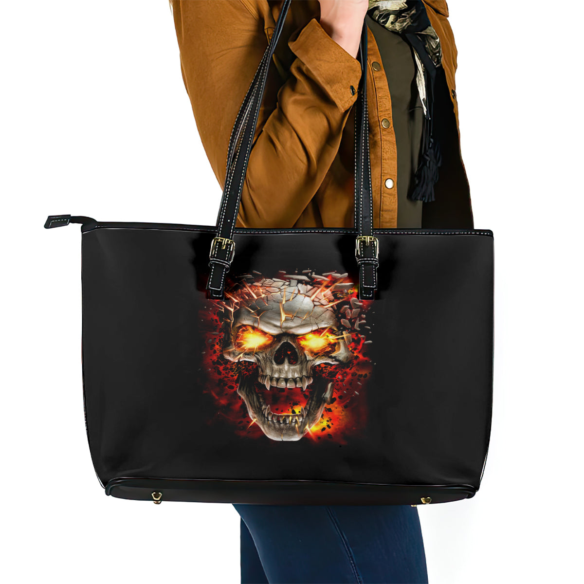 Skull Leather Tote Bag Fire Skull Tattoo Scream DT01