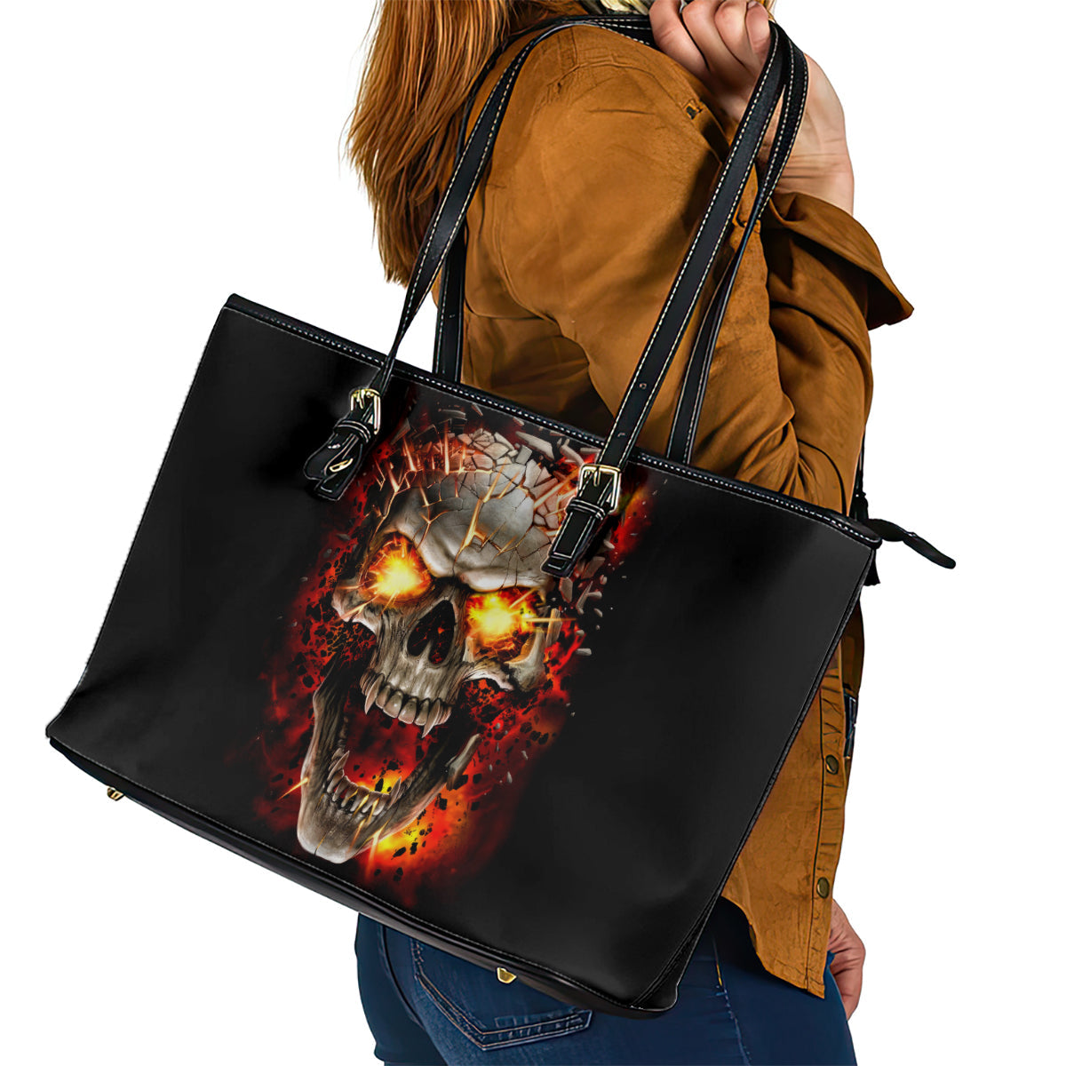 Skull Leather Tote Bag Fire Skull Tattoo Scream DT01