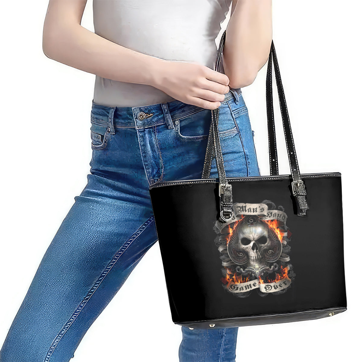 Skull Leather Tote Bag Gambling Death Fire DT01