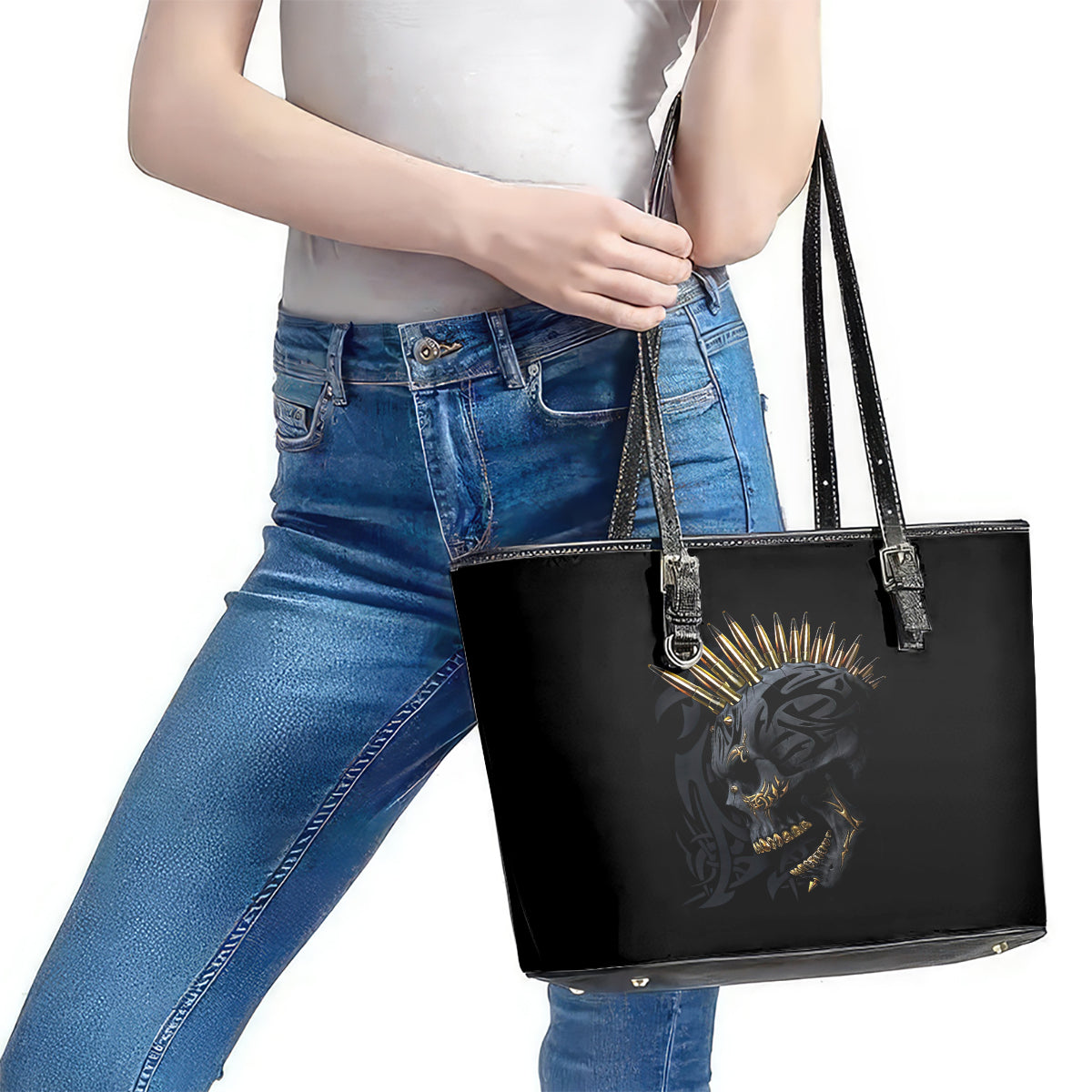 Skull Leather Tote Bag Golden Skull Gangster DT01