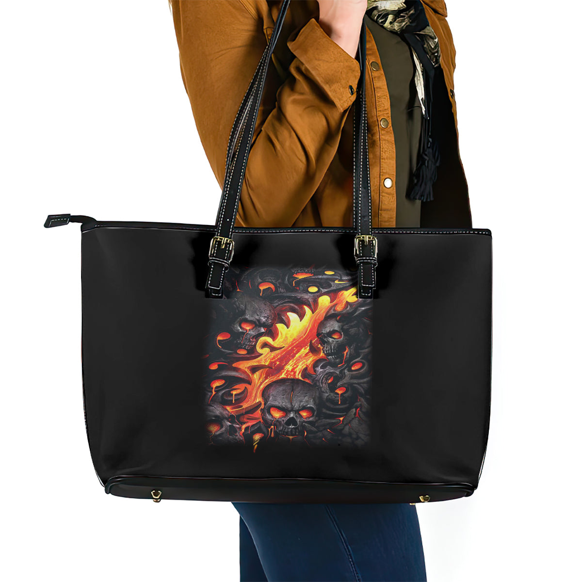 Skull Leather Tote Bag Flame Skull Lava Inside DT01