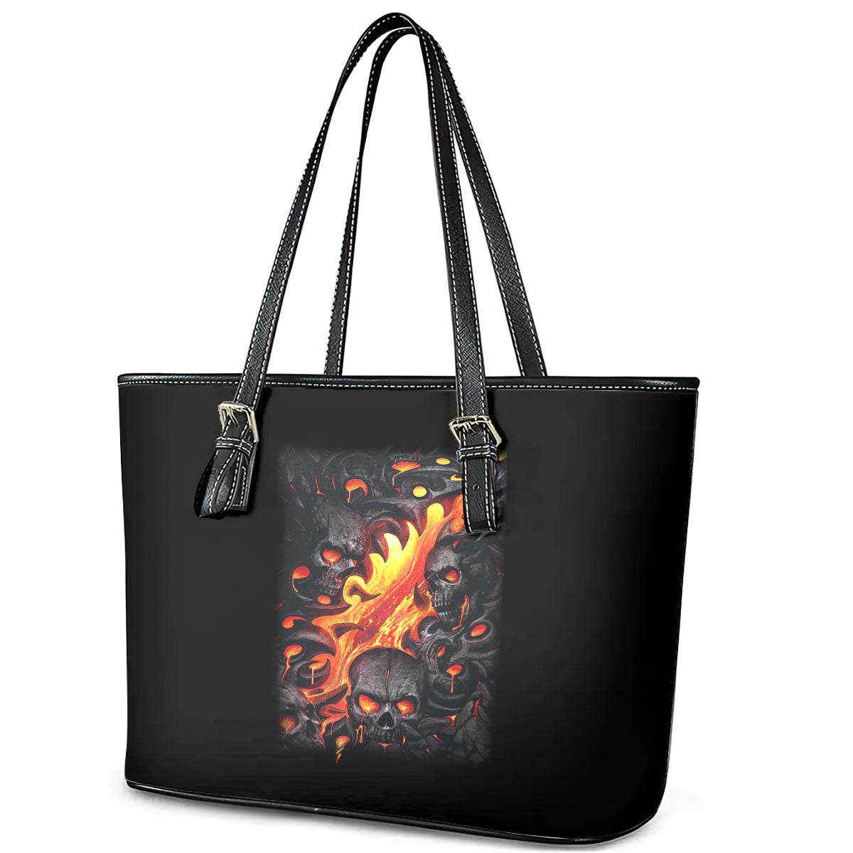 Skull Leather Tote Bag Flame Skull Lava Inside DT01