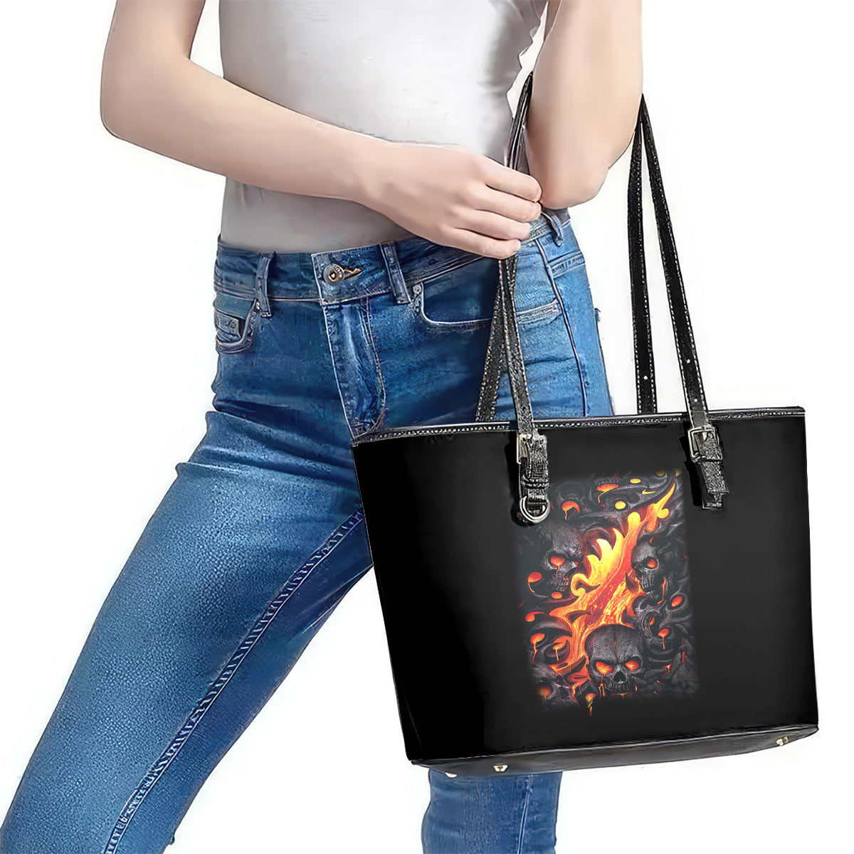 Skull Leather Tote Bag Flame Skull Lava Inside DT01