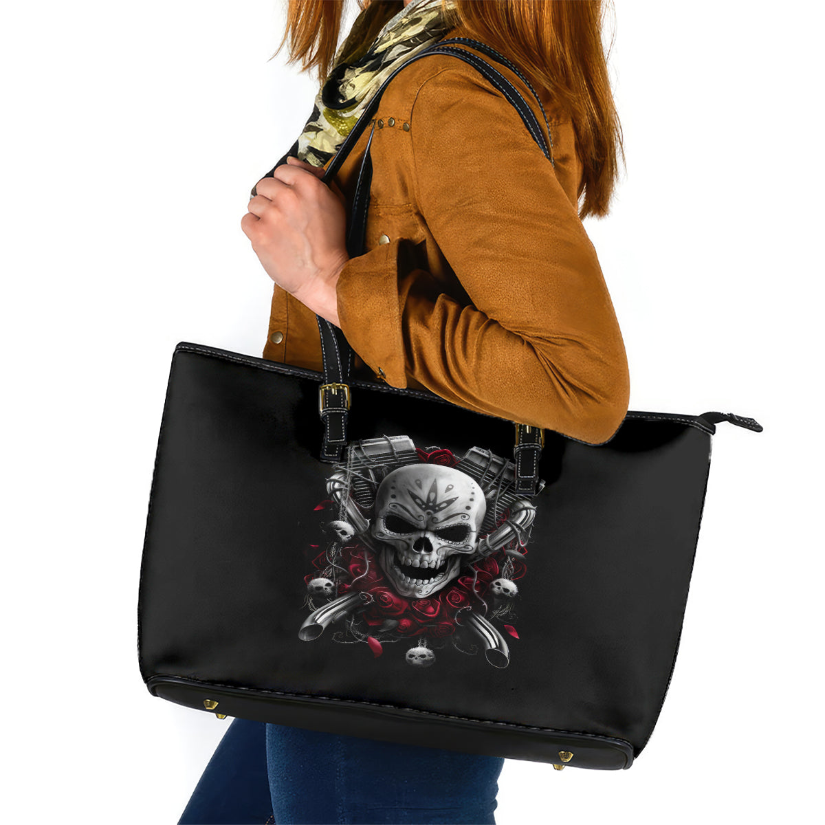 Skull Leather Tote Bag Riding Motocycle Girl Rose DT01
