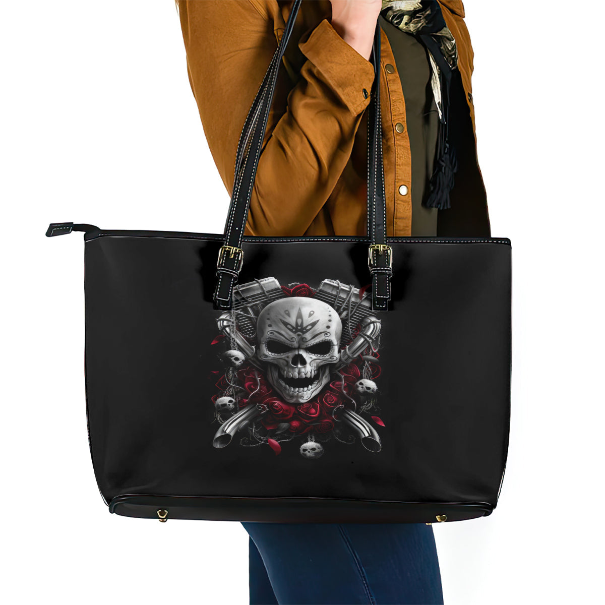 Skull Leather Tote Bag Riding Motocycle Girl Rose DT01