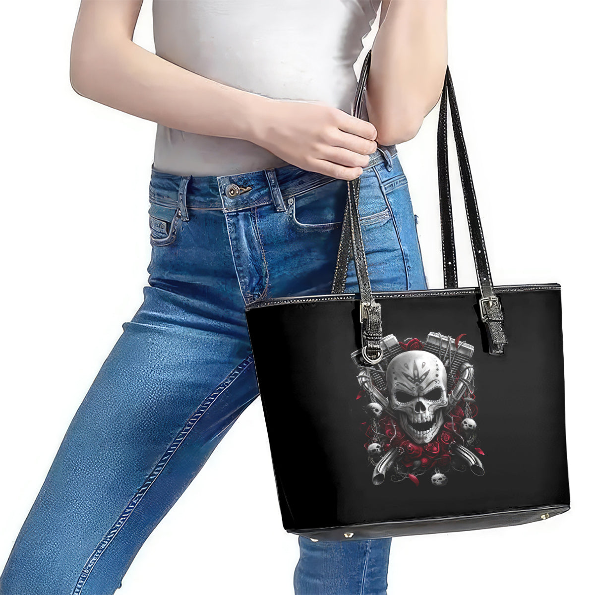 Skull Leather Tote Bag Riding Motocycle Girl Rose DT01