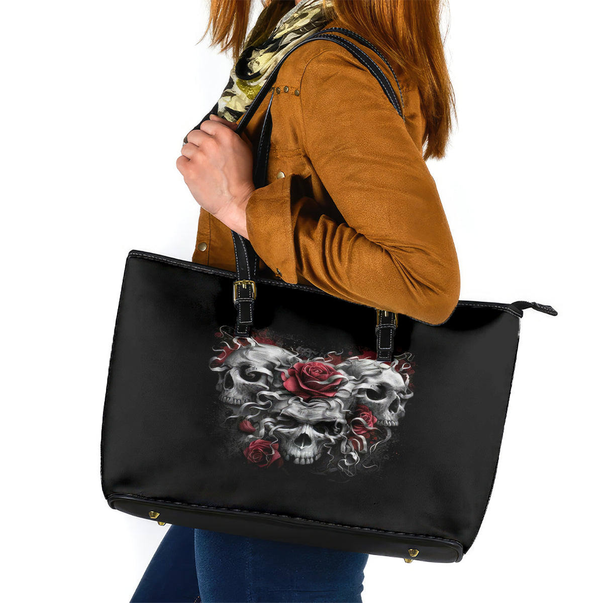 Skull Leather Tote Bag Three Skull No See Evil Rose DT01