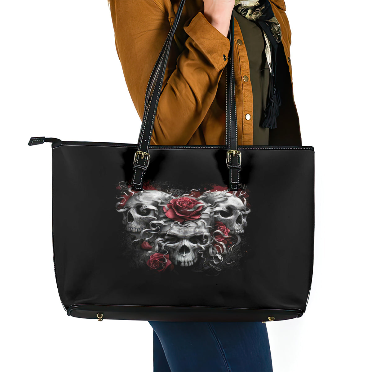 Skull Leather Tote Bag Three Skull No See Evil Rose DT01
