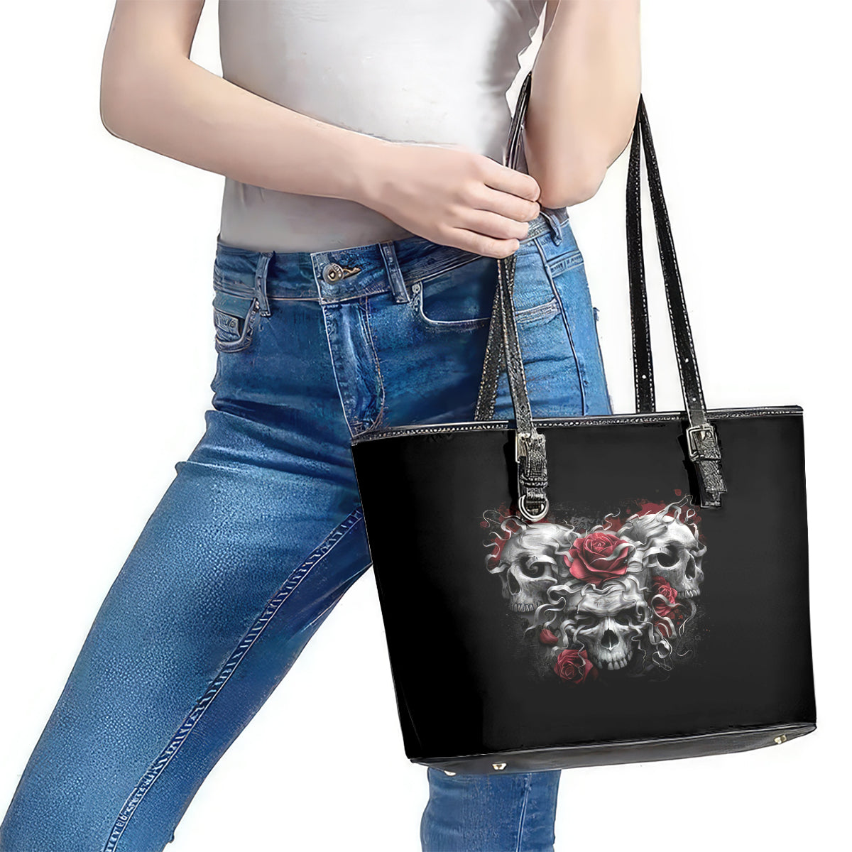 Skull Leather Tote Bag Three Skull No See Evil Rose DT01