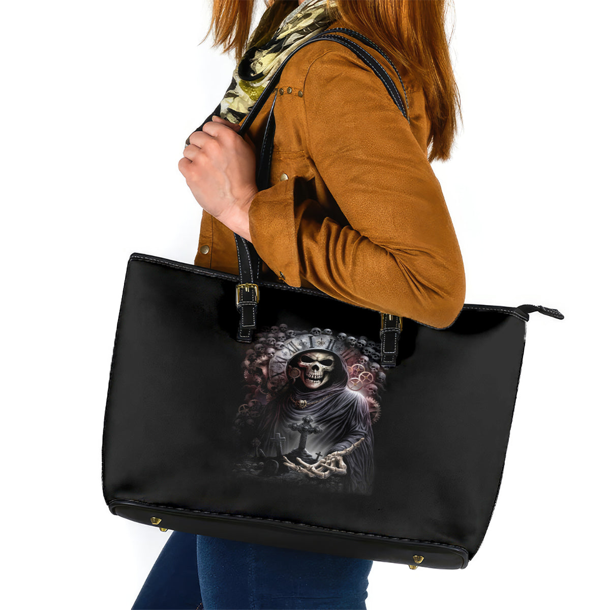 Skull Leather Tote Bag Skull Grim Time Reaper DT01