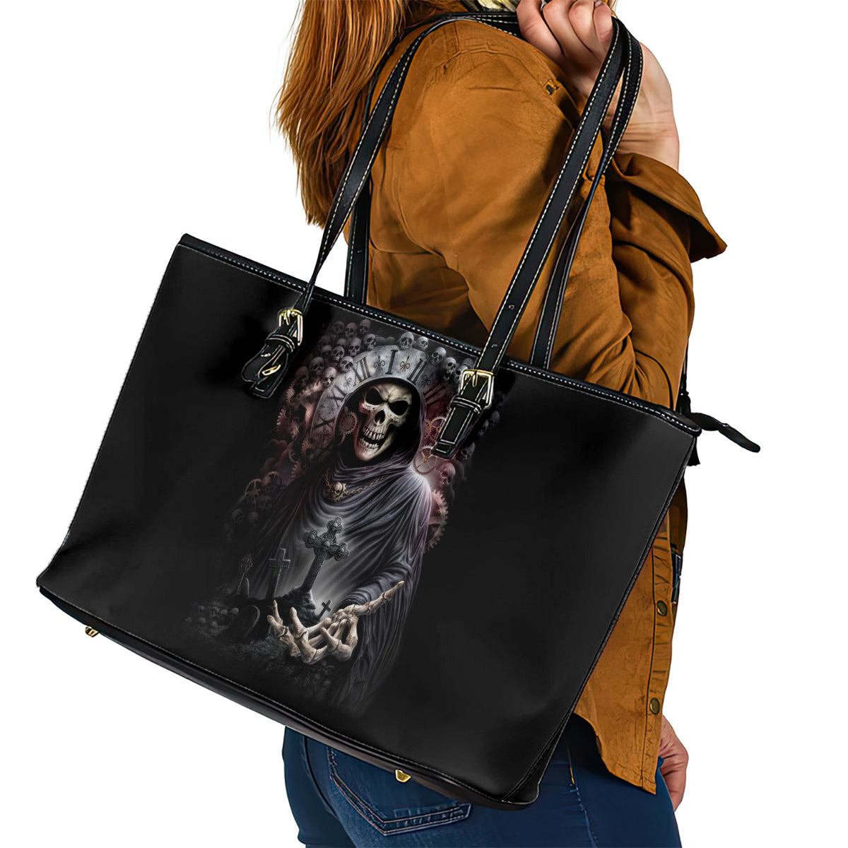 Skull Leather Tote Bag Skull Grim Time Reaper DT01