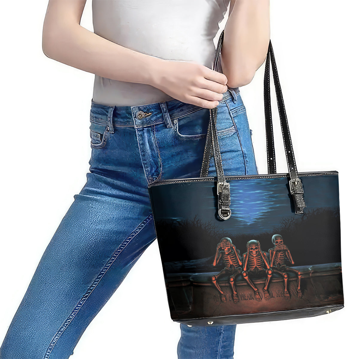 Skull Leather Tote Bag Three Skeleton No See No Speak No Hear DT01
