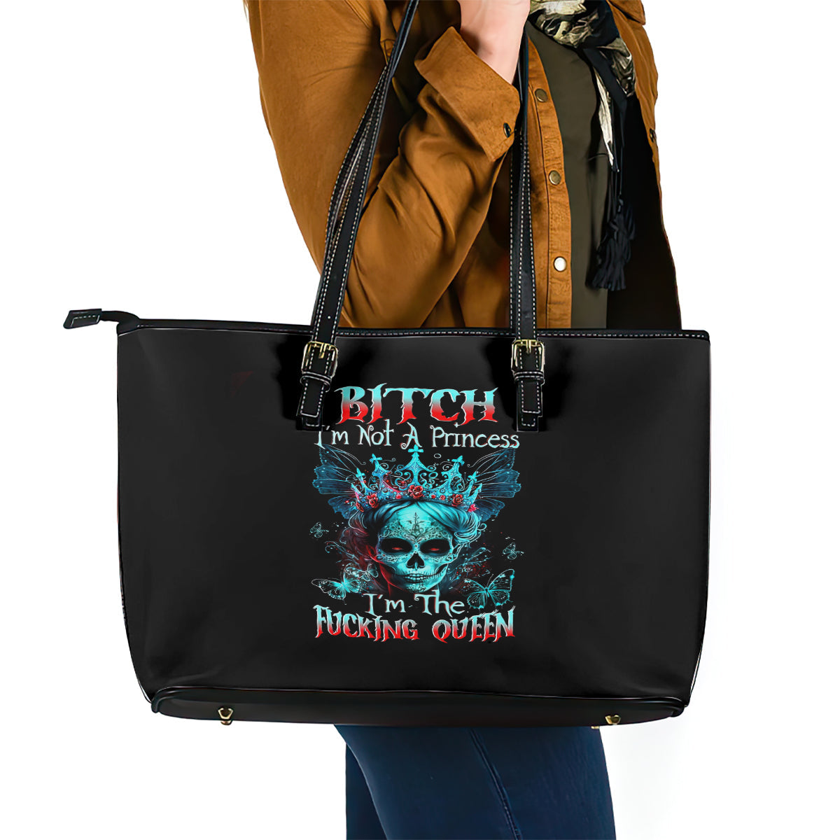 Da de los Muertos Skull Leather Tote Bag I'm Not A Princess I'm The Queen DT01