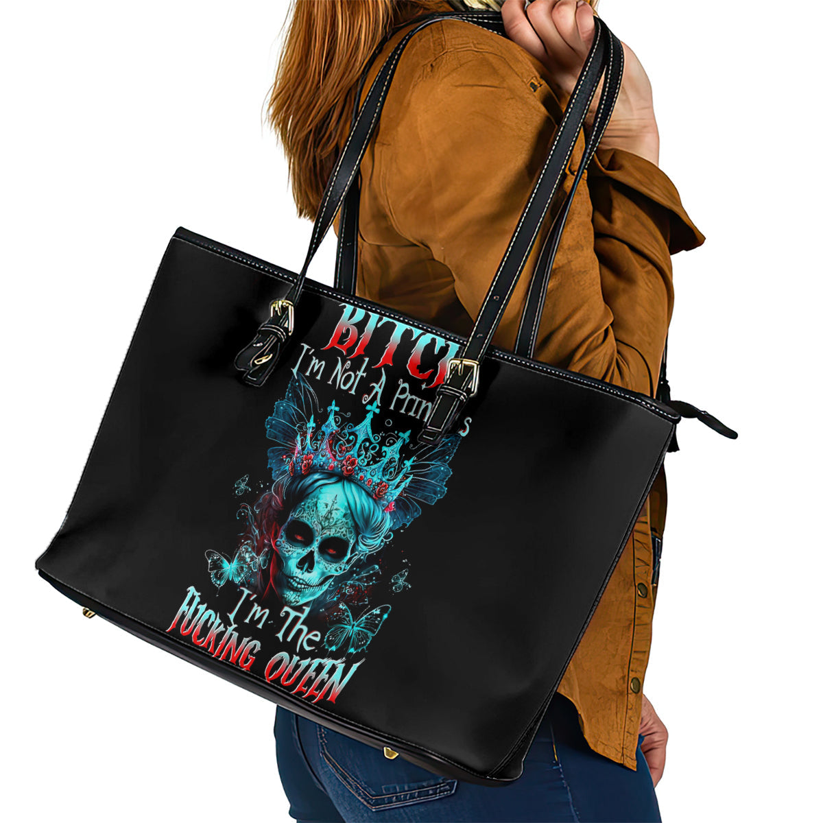 Da de los Muertos Skull Leather Tote Bag I'm Not A Princess I'm The Queen DT01