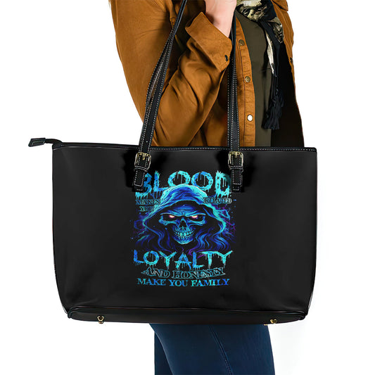 Blue Flame Skull Leather Tote Bag Blood Make You Related DT01