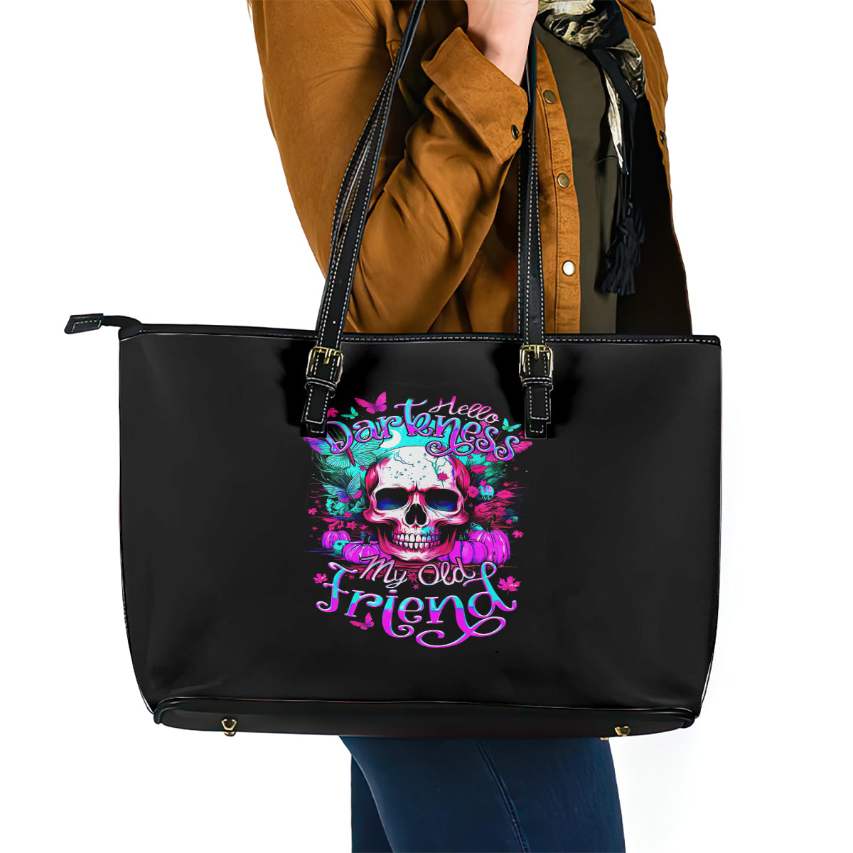 Skull Leather Tote Bag Hello Darkness My Old Friend Pinky DT01