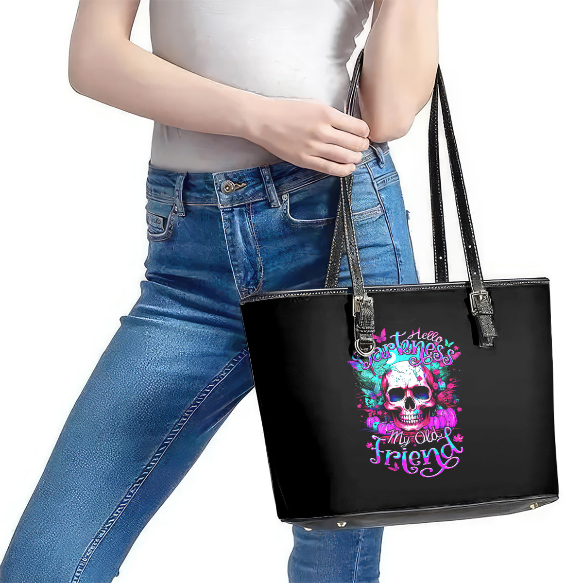 Skull Leather Tote Bag Hello Darkness My Old Friend Pinky DT01