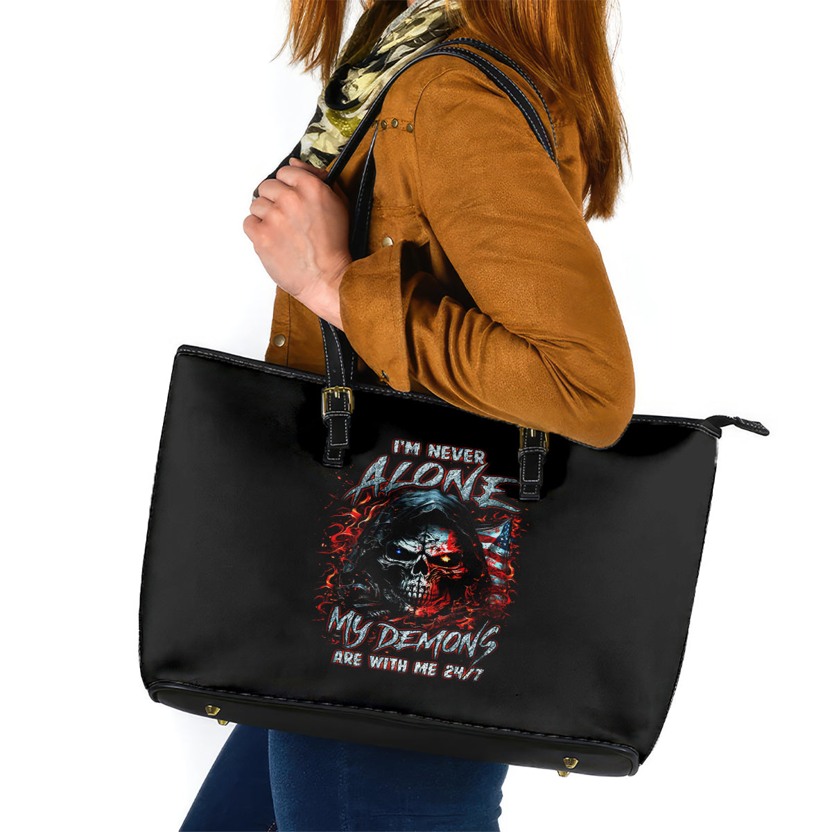 Blood Skull Leather Tote Bag I Never Alone My Demon With Me 24/7 DT01