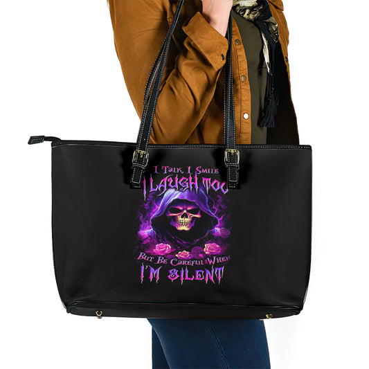 Purple Skull Leather Tote Bag I Talk I Smile But Be Carefull When I SIlent DT01