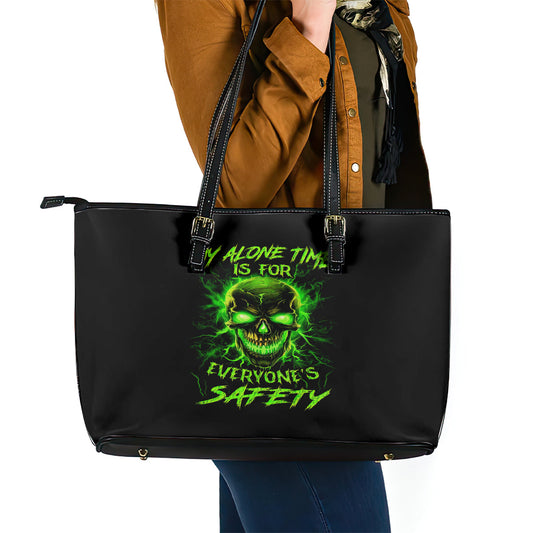 Flame Skull Leather Tote Bag My Alone TIme Is For Everyone Safe DT01