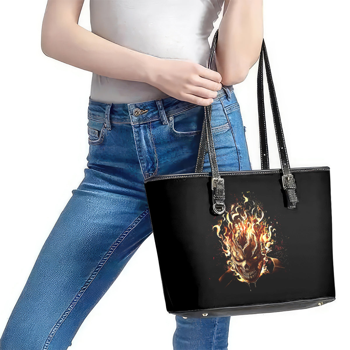 Fire Skull Leather Tote Bag Flame SKull Ride Or Die DT01