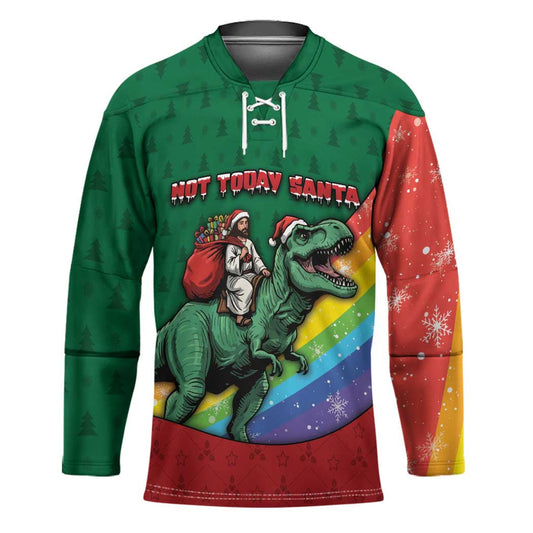 T Rex And Jesus Christmas Hockey Jersey Not Today Santa DT05