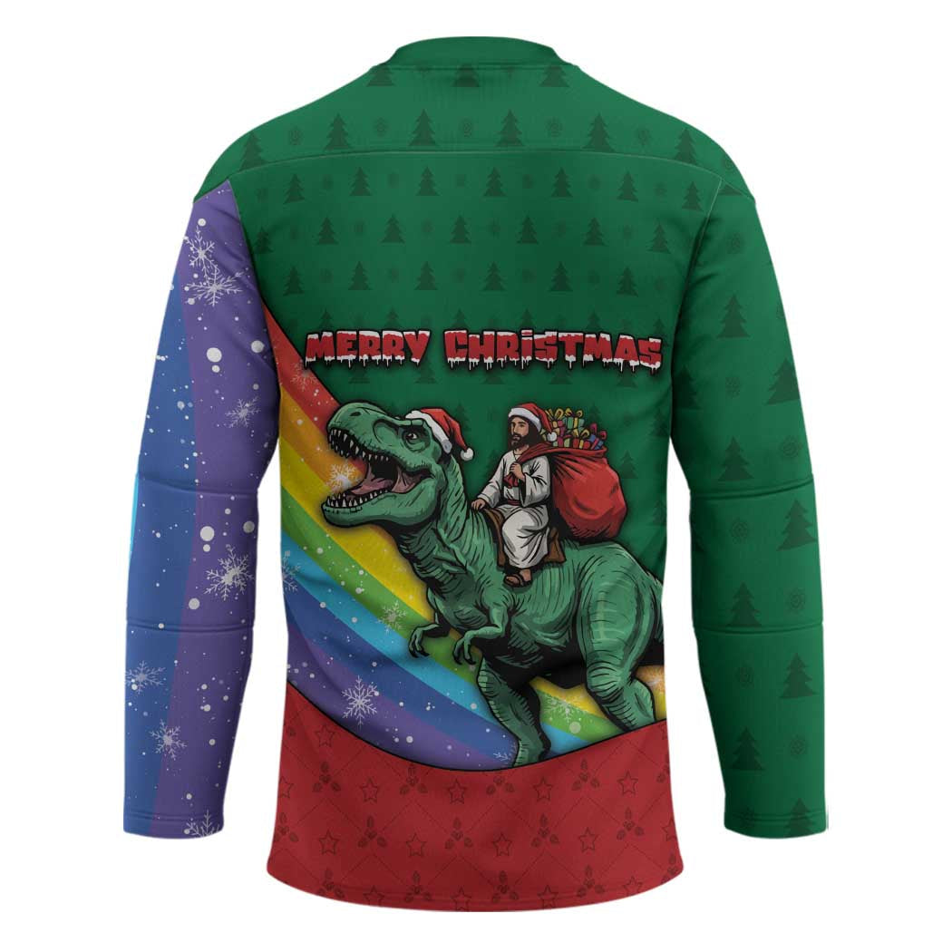 T Rex And Jesus Christmas Hockey Jersey Not Today Santa DT05