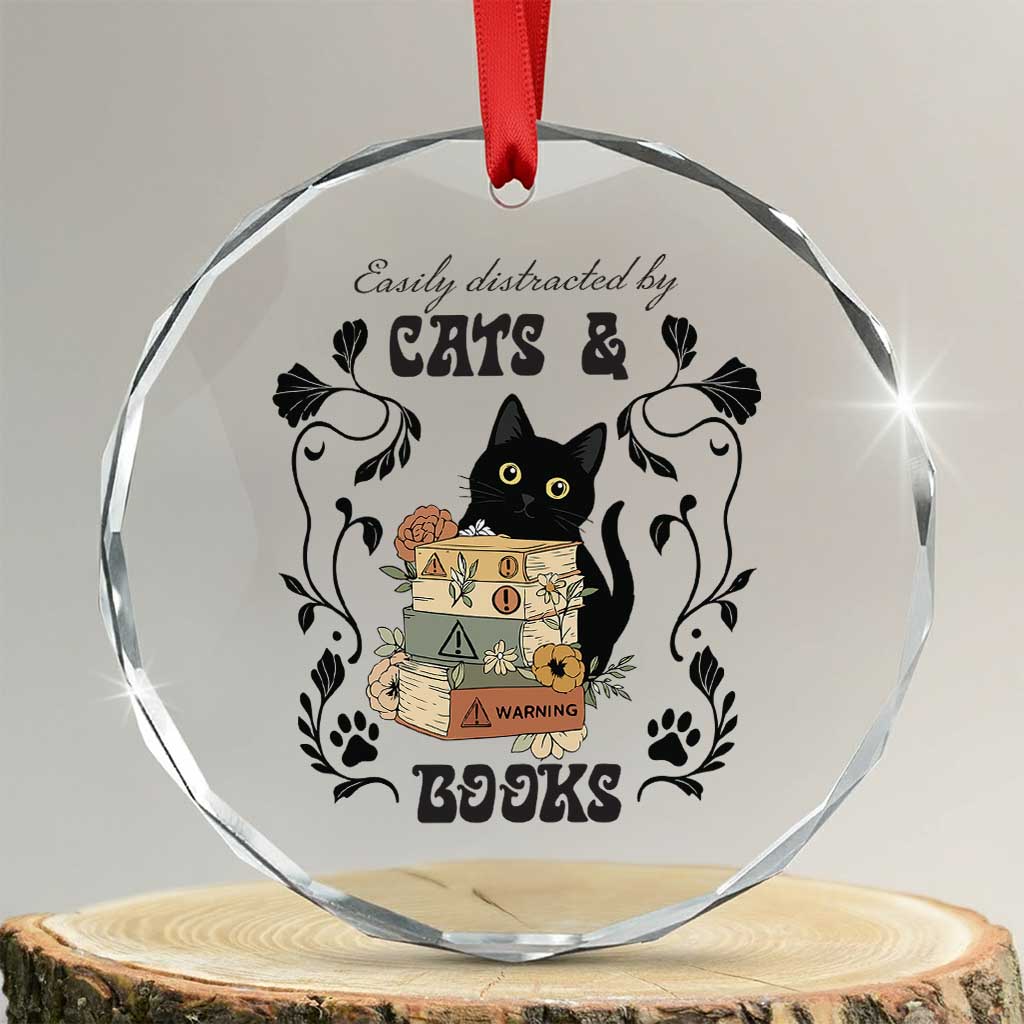 Easily Distracted By Cats And Books Crystal Glass Ornament Funny Book Kitty Lover TS12