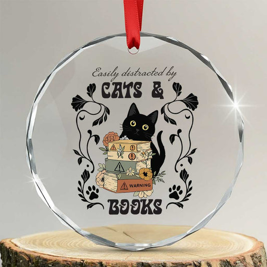 Easily Distracted By Cats And Books Crystal Glass Ornament Funny Book Kitty Lover TS12